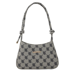 Sac baguette en toile vintage avec motif monogramme bleu et détails en métal doré