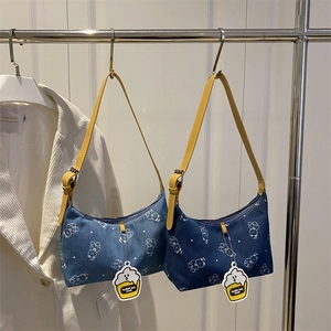Women Denim Hobo Bag Cartoon Bear Print Shoulder Bag With Adjustable Yellow PU Strap And Cupcake Charm Casual Bag