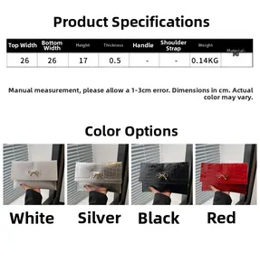 Size chart for bow clutch bag showing dimensions 26x17cm and four available colors