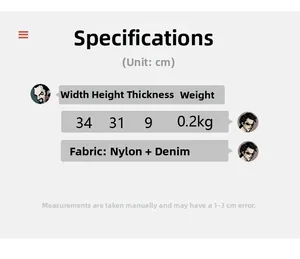 Detailed size chart for canvas tote bag showing dimensions 34x31x9cm and material info