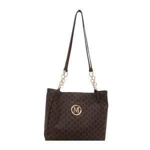 Brown monogram tote bag with gold M logo and chain shoulder strap on white background