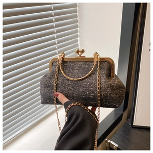 Detailed view of a vintage style shell clutch bag with gold chain strap held by hand