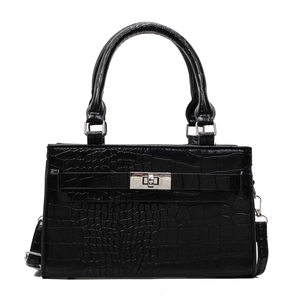 Classic black crocodile pattern handbag with silver metal clasp and top handle for women