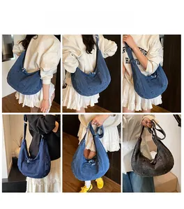 Multi-angle view of large denim tote bag showing loose silhouette and texture