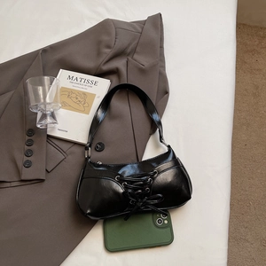 Solid black PU leather shoulder bag with vintage bow detail for 2025 fashion