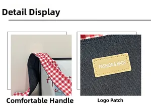 Detail of denim tote bag showing red checkered lining and stitched leather logo patch