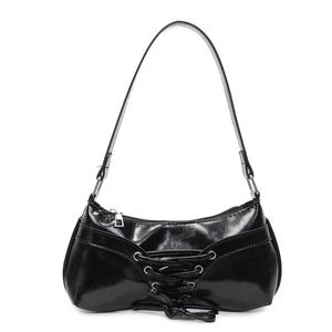 Glossy black balletcore underarm bag with lace-up ribbon details and silver hardware