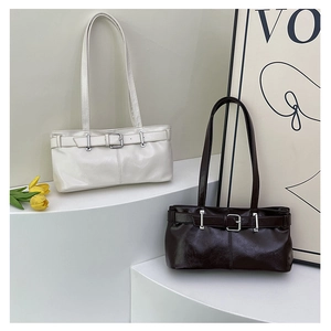 Minimalist leather shoulder bags with metal buckle detail in beige and coffee colors