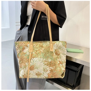Detail of artistic oil painting graffiti tote bag with vintage floral jacquard texture