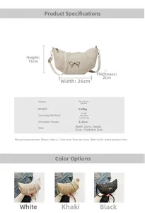Detailed size specifications for woven crescent moon bag with metallic bow detail