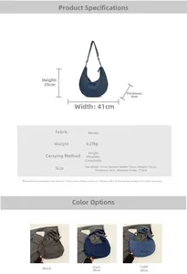 Detail view of denim crescent crossbody bag in three colors with dimension measurements