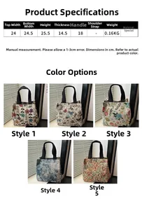 Size chart showing dimensions and various floral canvas tote bag pattern options