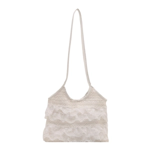 White layered lace tote bag for summer with elegant mesh ruffles and shoulder straps