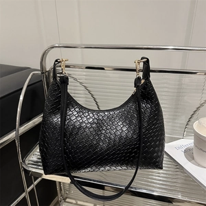 Elegant black woven PU leather hobo bag for women, large capacity stylish shoulder bag