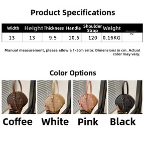 Size chart showing PU leather mini handbag dimensions and four color variants