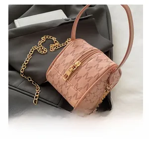 Detail of pink cylinder mini handbag with all-over M pattern and gold metal chain strap