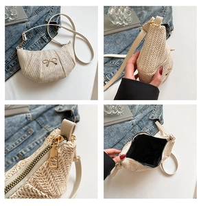 Detailed views of beige woven crescent bag with gold butterfly accent and interior storage