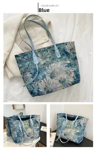 Detail of blue floral jacquard tote bag with leather straps and spacious interior