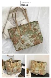 Detail of khaki jacquard tote bag with vintage green floral pattern and leather handles