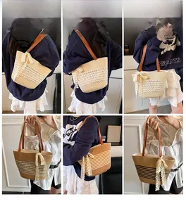 Detail shots of beige woven straw tote bag featuring decorative lace bow and leather straps