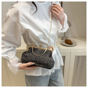 Detail of tweed shell bag featuring gold chain strap and vintage metal kiss lock closure