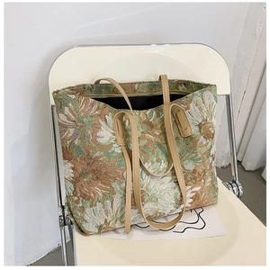 Macro detail of retro jacquard floral tote bag fabric with faux leather shoulder straps