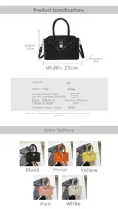 Scheda tecnica con dimensioni 23x15x8cm e opzioni colore per borsa in PU