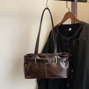 Retro dark brown patent leather underarm shoulder bag with decorative silver buckle