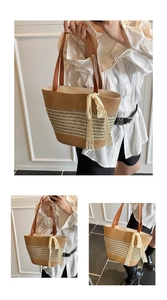 Detail of large straw tote with striped pattern, leather handles and lace ribbon decoration