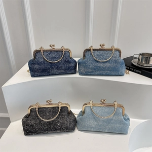 Γυναικεία Vintage Denim Τσάντα Κοχύλι Χιαστί Χρυσό Μεταλλικό Πλαίσιο Κούμπωμα Με Σφαίρα Στρας Αλυσίδα Λαβή Τσάντα Βραδινή Πάρτι
