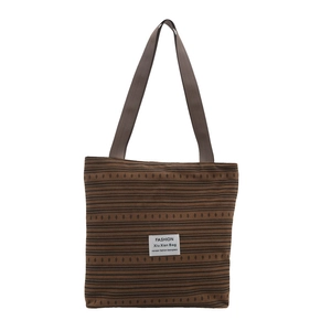 Large capacity dark brown striped canvas tote bag with thick handles for daily commuting