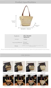 Detailed view of the striped straw tote bag size specifications and leather handle details