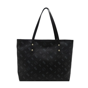 Black leather tote bag with bear print and golden studs on straps, minimalist white background