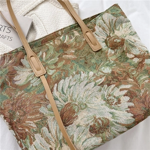 Retro vintage floral jacquard tote bag with leather straps and sunflower pattern design
