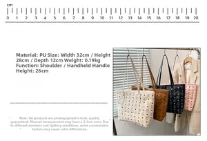 Detailed size specifications for the large PU tote bag with diamond pattern print