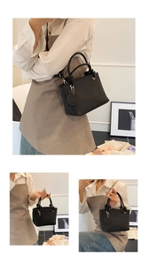 Litchi pattern bucket bag shown in shoulder, handheld, and crossbody styles on a model