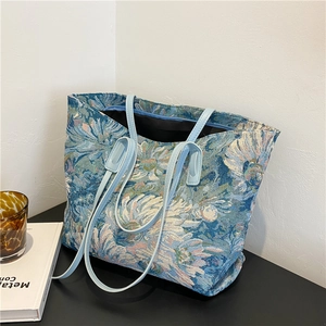Artistic oil painting floral tote bag with blue jacquard fabric and large capacity