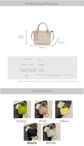Detail of PU leather bucket bag with knot handle, smiley charm and size specifications
