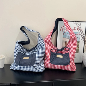 Grand Sac Fourre-Tout Réversible Gingham Femmes Denim Patchwork Toile Sac À Épaule Avec Nœud Décontracté Chic