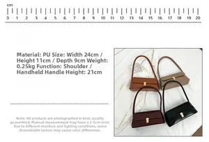 Detailed size specifications for vintage PU shoulder bag showing four classic colors