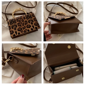 Detail views of leopard print crossbody bag with metal handle and interior capacity