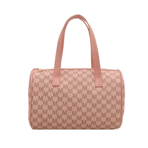 Pink Boston barrel bag with M-letter print and gold zipper on white background