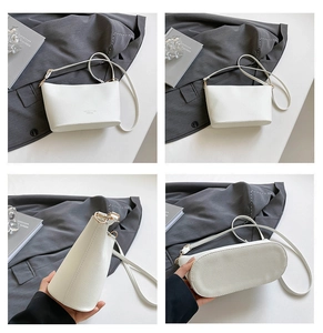 Vues détaillées du sac seau blanc minimaliste montrant la texture cuir et les finitions dorées