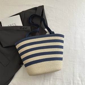 Minimalist striped straw tote bag in navy and beige, large capacity shoulder bag for women