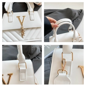 Detail shots of white quilted bag showing gold V logo, tassel, and metallic hardware hooks