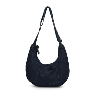 Retro deep blue denim hobo bag with adjustable strap and front pocket on white background