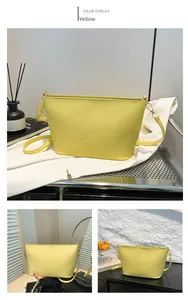 Détail du sac seau jaune citron avec texture grainée et bandoulière réglable