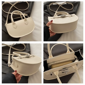Vue détaillée sous quatre angles d'un sac à main minimaliste en similicuir crème