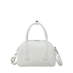 White lychee pattern PU leather Boston handbag with detachable strap and top handle