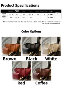 Size chart showing large PU tote and small pouch dimensions with shoulder strap length
